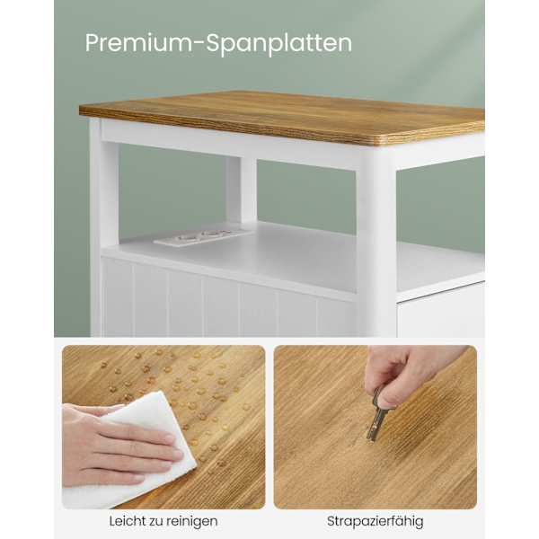 Rootz Sidebord med Power Strip - Endebord - Natbord - Træspånplade - MDF - Valnød Brun-Hvid - 60 cm x 35 cm x 60 cm - 17 kg - 90 kg Max belastningskap