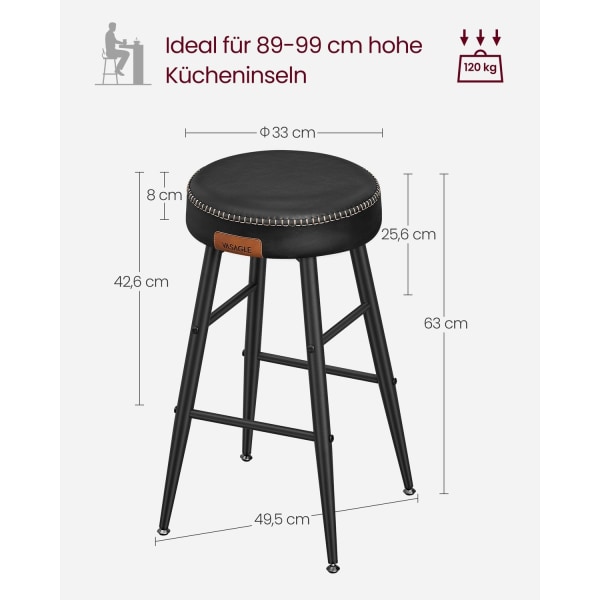 Rootz 4-osaiset baarituolit - Työpöytäjakkarat - Keittiön jakkarat - Teräsrunko - 49,5 cm x 49,5 cm x 63 cm - Muste musta - PU-nahka - Kevyt - Helppo