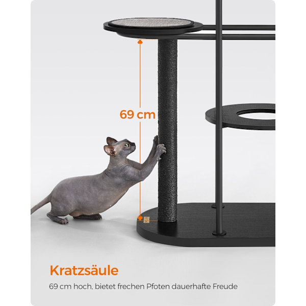 Rootz Classic sort kradsestolpe - Kattetræ - Klatretårn - Stålramme - Spånpladeplatforme - Sisalreb - 80 cm x 43 cm x 111 cm - 15,4 kg - 60 kg Maks. b