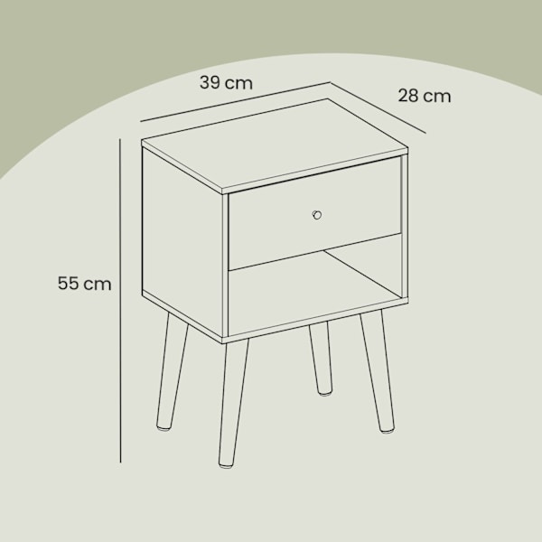 Rootz Bedside Table - Side Bord - Natbord med skuffe - Træben - Rumbesparende - 28 x 39 x 55 cm