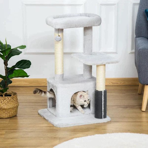 Rootz Skrapstolpe - Kattträd med massagehörna - Kattgrotta - Lekboll - Kattskrapstolpe - Sisalrep - Ljusgrå - 48 x 48 x 85 cm