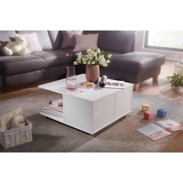 Rootz design -sohvapöytä 70x70 cm valkoinen - Olohuoneen pöytä 2 laatikolla - Sohvapöytä pyörillä - Pöytä 2 lokerolla