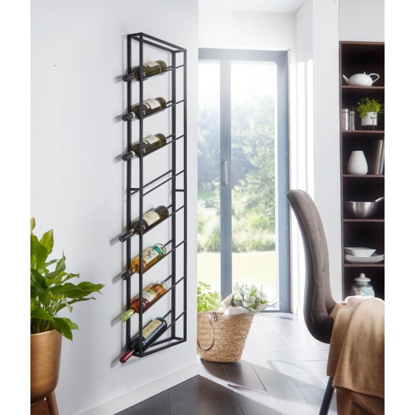 Rootz ställ vägg metall svart 36x150x8 cm stor för 8 flaskor - Design vägghylla för köket - Flaskställ Hängande smal Väggmonterad