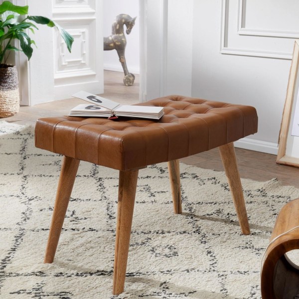 Rootz pall 67x47x39 cm mango massivt trä - äkta läder Chesterfield design - Läder pall brun - Sido pall pall utan ryggstöd Country fotpall