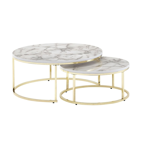 Rootz Sæt med 2 hvidguld Marmorlook Sofabord Rundt Moderne - Sofaborde 2-delt metal - Runde stueborde - Design indskudsborde