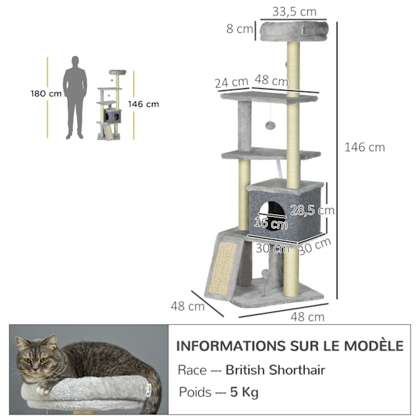 Rootz Cat Tree - Climbing Tree - Cat Activity Center - Claw Sharpening - 4 plattformar 146 cm - Förbättra ditt hem med stil och funktion!