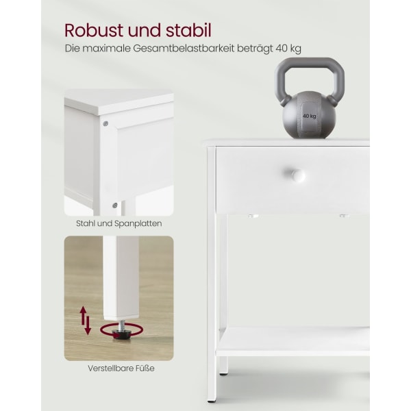 Rootz mathvid sengebord - natbord - endebord - spånplade og stålkonstruktion - 40 cm x 40 cm x 55 cm - 9 kg - 20 kg overfladekapacitet - 10 kg skuffek