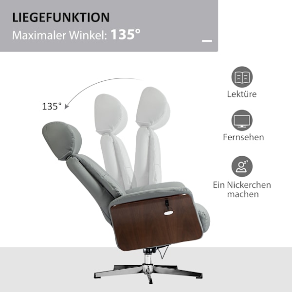 Rootz Relaxationsstol med avföring - Reclining Chair - Swivel TV -stol - 135 ° Tiltfunktion - 80W x 84d x 108h cm - Grå