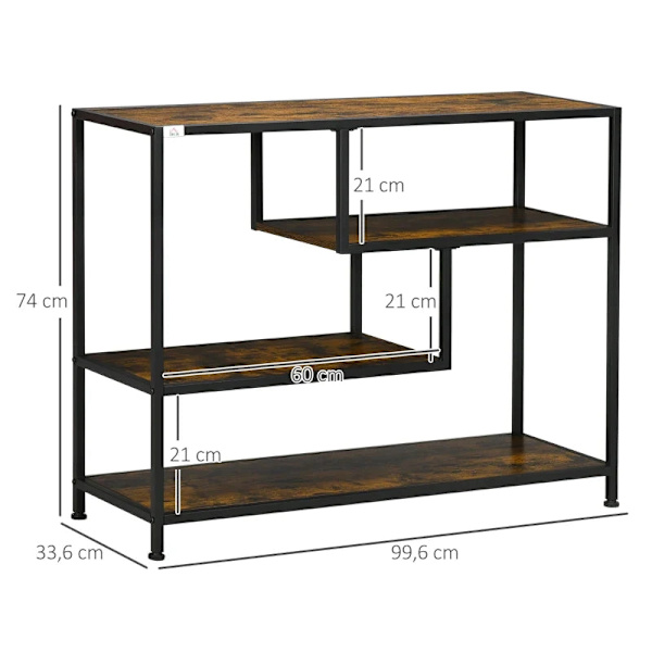 Rootz Hylde - Konsolbord - Industrielt design - 4 hylder - Stålstel - Spånplade - Rustik Brun + Sort - 99,6 x 33,6 x 74 cm