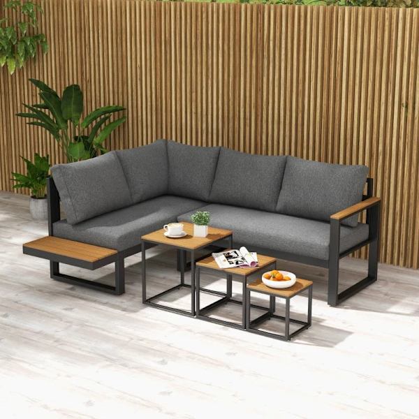 Rootz udendørs siddegruppe - 5-delt Loungemøbler - Havemøbelsæt - Sofabord - Siddehynder - Grå + Natur - 148 cm x 61 cm x 71,5 cm