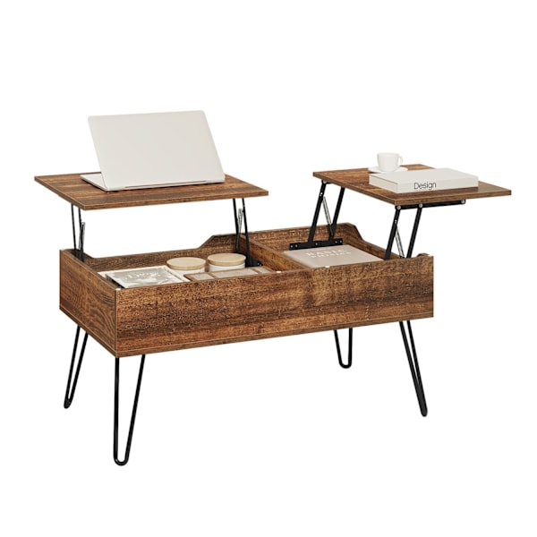 Rootz Lift Top Soffbord - Lyftbart bord - Dold förvaring - Rustik trälook - Vintage Brun - 115cm x 60cm x 75cm