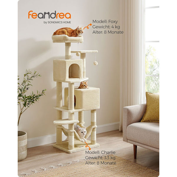 Rootz Beige Cat Skrapstolpe - Kattträd - Skrapare - Spånskiva plysch Sisal - Robust konstruktion - Enkel montering - 49cm x 40cm x 155cm