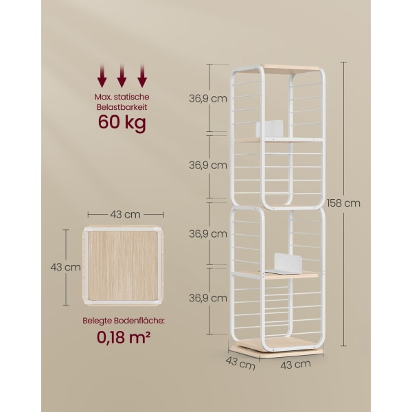 Rootz bokhylla - Förvaringsställ - Spånskiva stål - Naturlig Beige Moln Vit - 60 kg Lastkapacitet - 43 cm x 43 cm x 158 cm