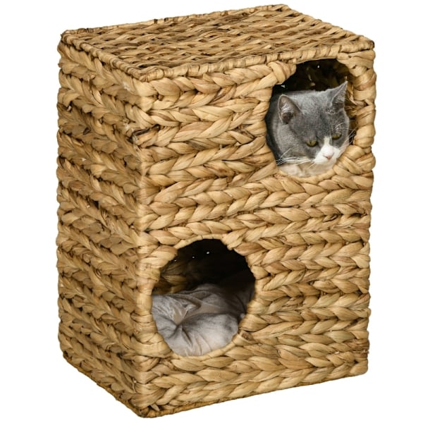 Rootz Cat Tower - Skrapstolpe - Trevånings kattlägenhet - Tvättbara kuddar - Naturligt vattenhyacint - 40 cm x 31 cm x 55 cm
