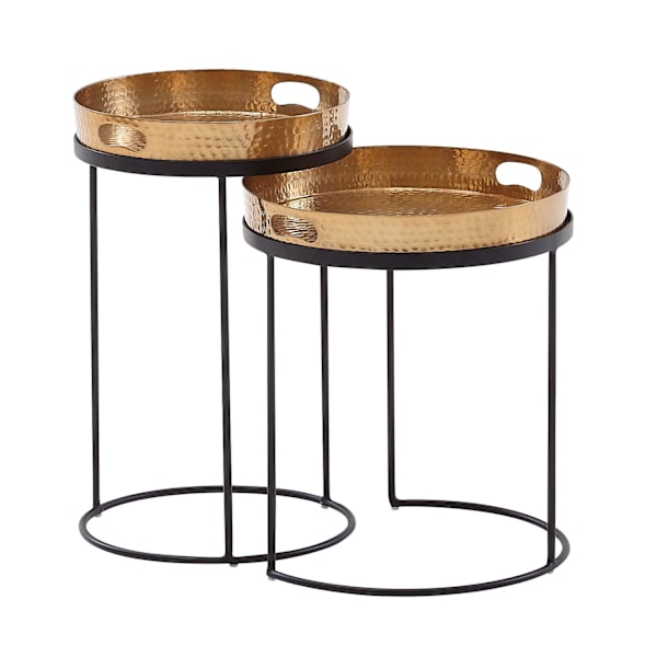 Rootz sidebord sæt af 2 guld - sort metal hammer finish redebord rund - sofabord aftagelig bakke - Bakke bordsofa 2 stk moderne - Rundt sofabord