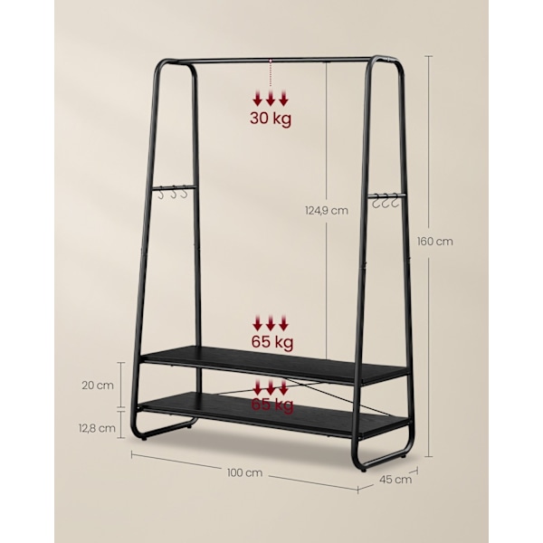Rootz Klädställ - Garderobsställ - Organizer - Spånskiva och stål - 45 cm x 100 cm x 160 cm - Ebenholtssvart finish - 13,3 kg