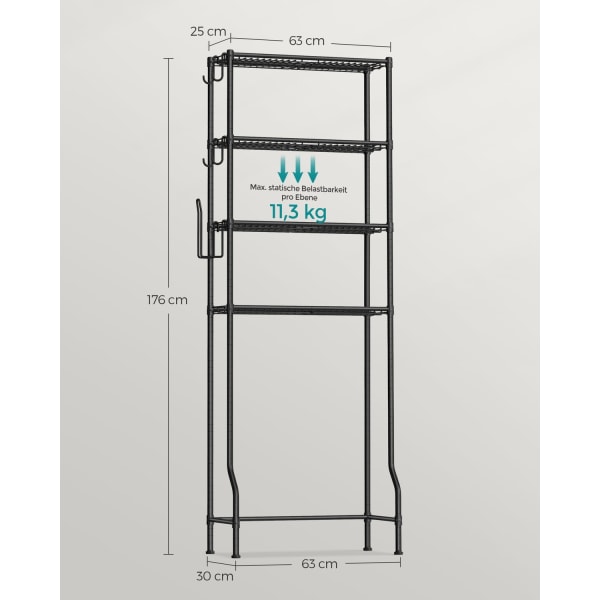 Rootz Metal toilethylde - Organizer til badeværelset - Opbevaringsstativ - Robust konstruktion - Pladsbesparende - Nem montering - 30 cm x 63 cm x 176