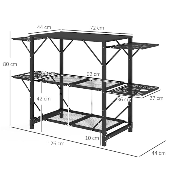 Rootz Campingbord - Picknickbord - Utomhusskåp - Ökad förvaring - Kompakt och bärbar - Hållbar konstruktion - 126cm x 44cm x 80cm - Svart