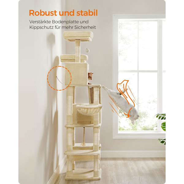 Rootz Stort Beige Kattetræ - Kattelejlighed - Kattetårn i flere niveauer - Spånplade, Plys, Sisal - 60 cm x 50 cm x 206 cm - 23,5 kg - 75 kg Kapacitet