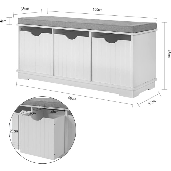 Rootz förvaringsbänk med 3 lådor och avtagbar sittdyna - Skoförv