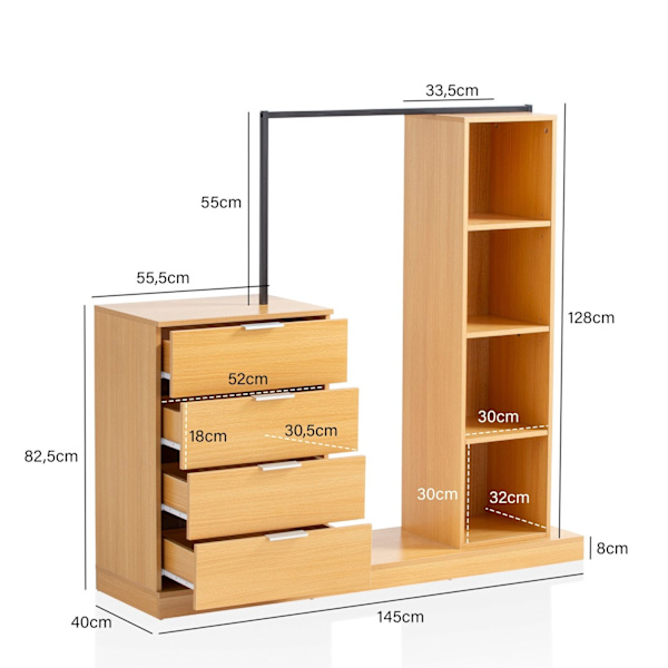 Rootz 3-delt garderobesæt - Organisering af tøj - Skabssystem - Eg dekoration - Justerbare hylder - 145 cm x 136 cm x 40 cm