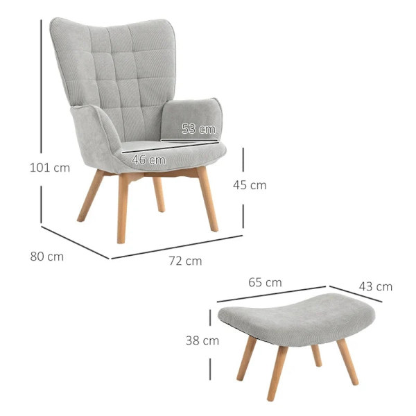Rootz Accent Stol i Scandi Design - Avkopplingsstol med pall - Wing Chair - Fåtöljsset - Bokträ - Sladdlook - Grå - 72L x 80W x 101H cm