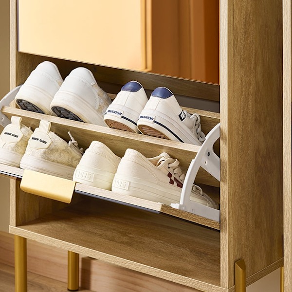 Rootz Shoe Storage Cabinet - Shoe Organizer - Shoe Rack - Golden Glass Doors, Metal Bens, Stable Design - 55x124x24cm