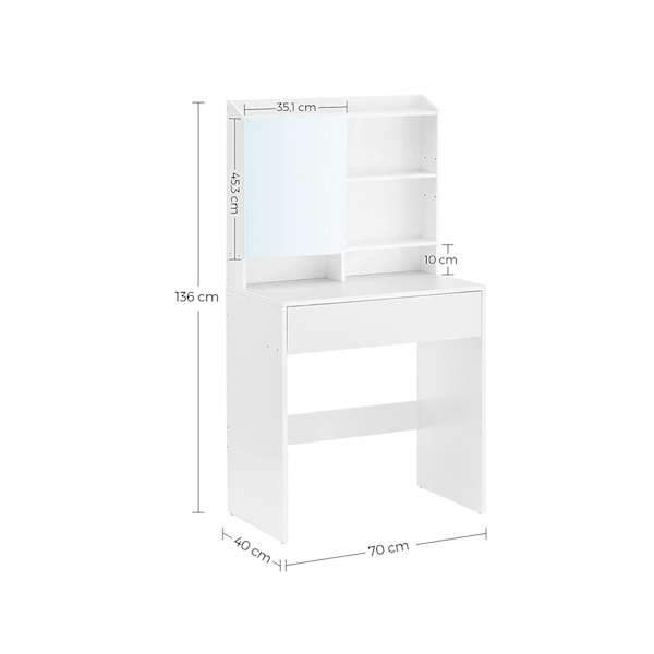 Rootz White Chipboard -pukupöytä - Meikkipöytä - Meikkipöytä - 70 x 40 x 136 cm - Kaatumisenestolaite - Helppo koota - Säilytystila