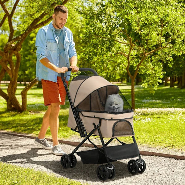 Rootz Folding Dog Buggy - Husdjursvagn - 1 Korg - 2 Bromsar - Inklusive säkerhetskoppel - Ljusbrun - 76,5 cm x 52 cm x 95 cm