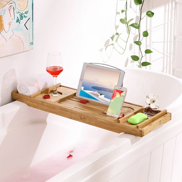 Rootz badkarshylla Bambu - Utdragbar - Lyxigt bad - Badkarsbricka - Spännande skumbad - Funktionalitet Badrum - Bambu - Natur - 75-109 x 4,5 x 23 cm (