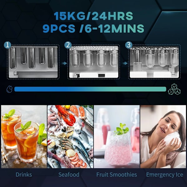 Rootz Ice Cube Machine - 2,1 liter vand - 15 kg på 24 timer - Selvrensende - Inklusiv isbakke + isske - Hvid - 25,2W x 37,5D x 31,2H cm