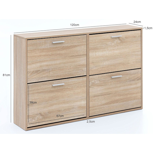 Rootz Modern 120 x 81 x 24 cm Puinen kenkäteline Sonoma 4 lokeroa - Kenkäkaappi yläkaappi hyllyllä - Design kenkäkippisäilytys - Käytävän rintakehä ko