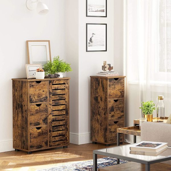 Rootz skænk - Opbevaringsskab - Skænk - 3 skuffer - Foldedør - Justerbare hylder - Brun - Sort - Industriel - Forarbejdet træ - Metal - 60 x 30 x 80 c