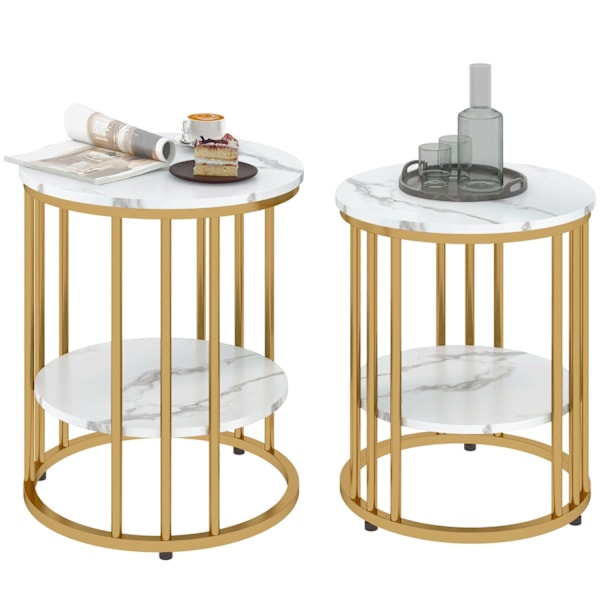 Rootz 2 -bitar Set Round Side Table - kaffebord - marmorutseende - Dubbel lagringsutrymme - Ø45 x 55H cm & Ø40 x 50,5H cm