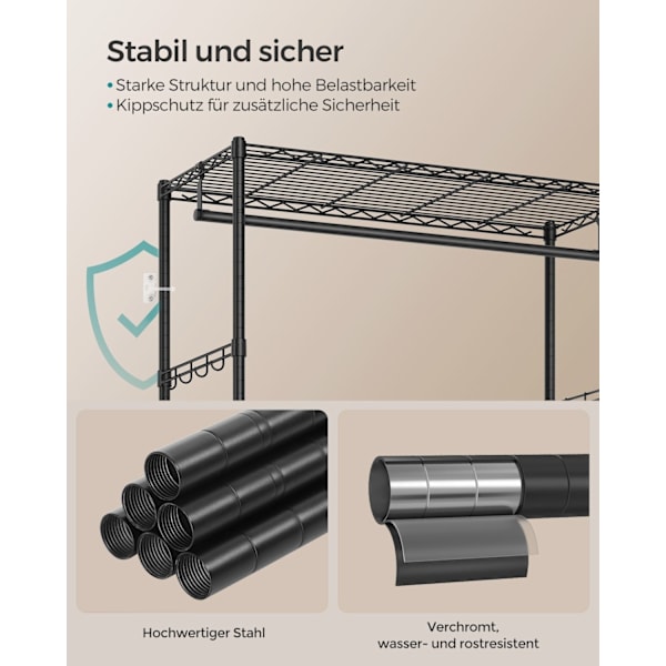 Rootzin teräsvaateteline - Vaateteline - Teräsvaatekaappi - Heavy Duty - 40 cm x 90 cm x 180 cm - Muste musta - 7,5 kg - 90 kg Kapasiteetti