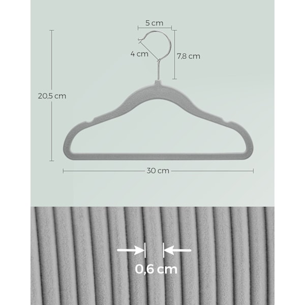 Rootz 30 Pack Lasten vaateripustimet - Dove Grey - ABS-muovi - Velvet - Metallikoukku - Kevyt - Tilaa säästävä - Kestävä - 30cm x 20,5cm