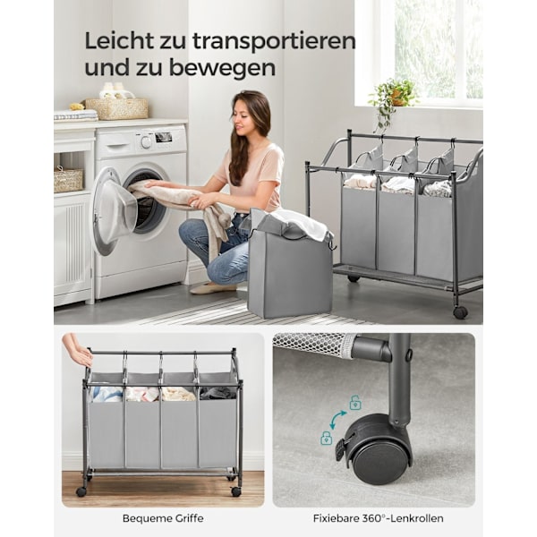 Rootz Tvättvagn - Tvättvagn - Klädkorg - Hög kvalitet - Snabb tvättinsamling - Sorteringspåsar - 87,5 cm x 38,5 cm x (67-81) cm