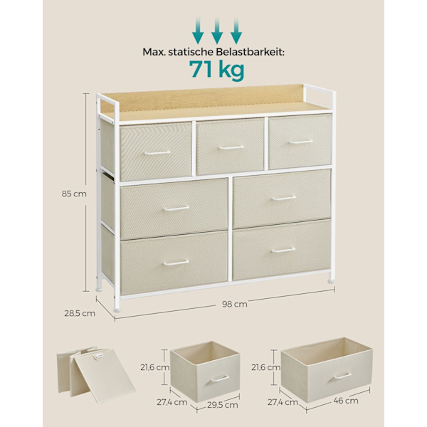 Rootz White 6-skuffers kommode - Trækiste - Stofskuffefronter - Spånplade - 28,5 cm x 98 cm x 85 cm - Organizer - 6 skuffer