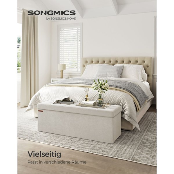 Rootz Velvet sædekiste - Opbevaringsbænk - Ottoman - MDF konstruktion - 38 cm x 110 cm x 38 cm - Cremehvid - 131 liters kapacitet