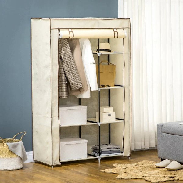 Rootz Stofgarderobe - Skab - Soveværelse - Ikke-vævet stof - Opbevaringsløsning - Plastforbindelser - 6 hylder - 1 tøj - Creme - 103L x 43W x 162,5H c
