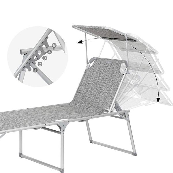 Rootz liggestol - Udendørs liggestol - Terrassesolstol - Havesolseng - Solseng - Strandsolstol - Transportabel liggestol - Grå - 65 x 200 x 48 cm (L x
