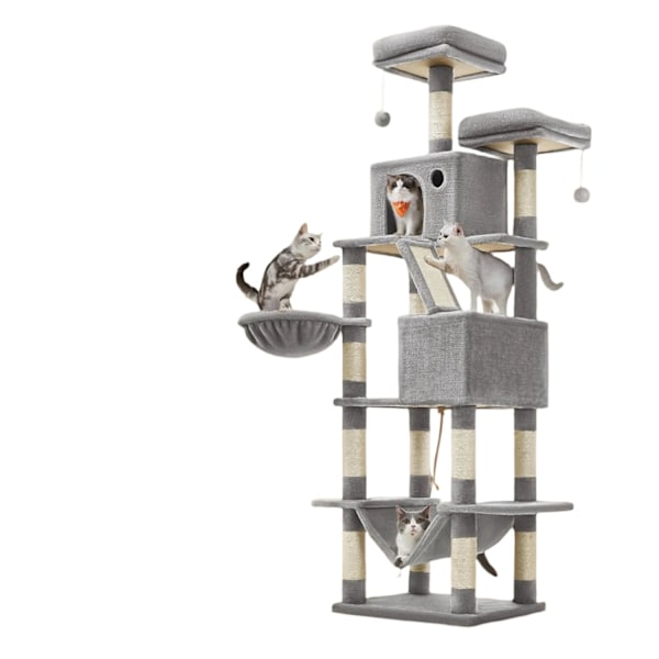 Rootz Cat Tree - Scratching Post - Climbing Tree - Space Saving Amusement Park - 60 x 50 x 206 cm - Grå - Plush & Sisal
