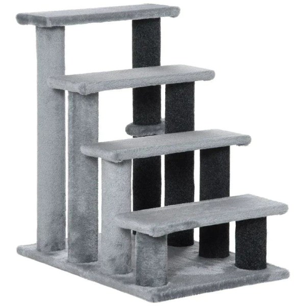 Rootz Pet Trappa - Katttrappa med skrapstolpe - 4-stegs hundtrappa - Djurtrappa - Spånskiva - Plysch - Grå - 60 x 40 x 64 cm
