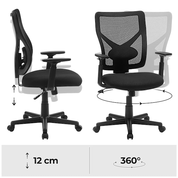 Rootz Ergonomisk kontorstol - Justerbare armlæn - Vippefunktion - Åndbart mesh - Bæreevne 120 kg - Sort