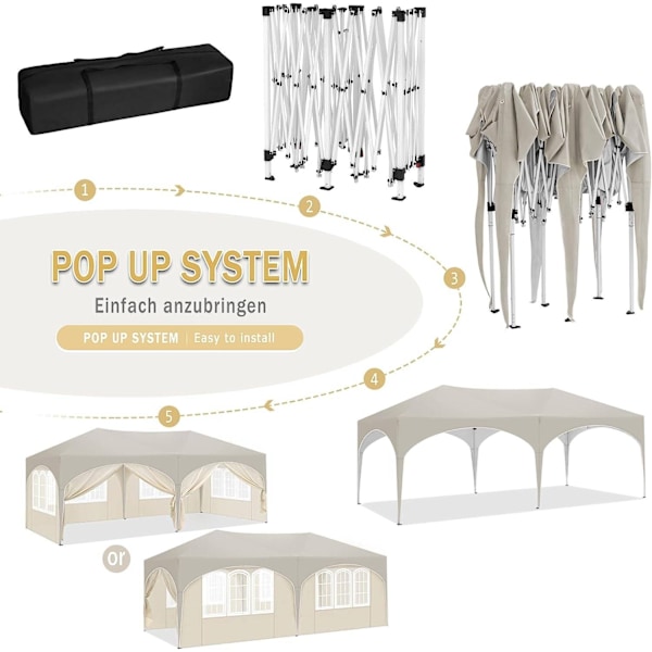 Rootz Havepavillon 3x6m - Udendørs baldakin - Pop-up telt - UV-beskyttelse - Vandafvisende - 250-254-258cm - Komplet tilbehør