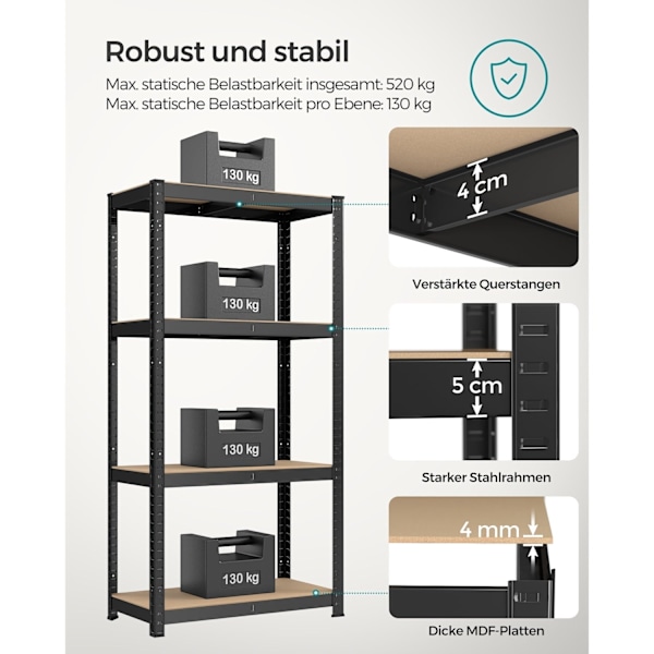 Rootz Black Load Hylly - Säilytysteline - Hyllyyksikkö - Jauhemaalattu teräs - MDF - Heavy Duty - 40cm x 80cm x 160cm