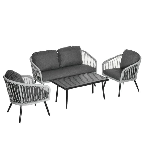 Rootz Utemöbler Set - Trädgårdsmöbler Set - 4-delad Rotting Patio Soff Set - Med 2 enkelkuddar soffor - 1 Loveseat Och 1 Soffbord - Grå