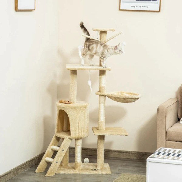 Rootz Scratching Post - Cat Tree - Cat Climbing Tree - Climbing Tree - Cat Scratching House - Cat Cave - 4 Toys - Beige + White - 50 x 35 x 134.2 cm