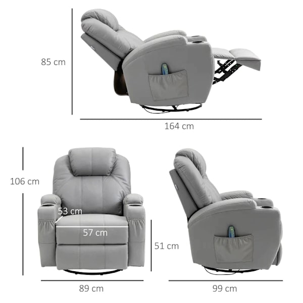 Rootz Massagestol - Fodstøtte - 2 kopholdere - 8 vibrationspunkter - 5 tilstande - Inklusiv fjernbetjening - Imiteret læder - Lysegrå - 89L x 99W x 10