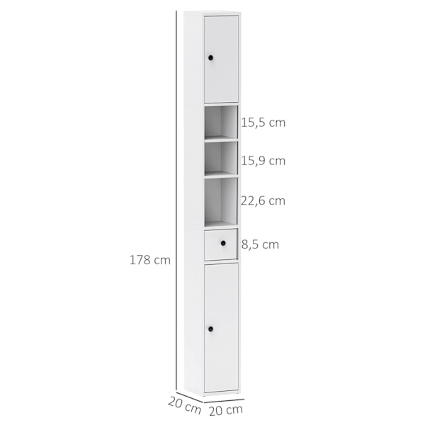 Rootz High Slim Badeværelse Skab - Opbevaringsarrangør - Rumbesparelse - Maksimerer plads - 20 cm x 20 cm x 178 cm, hvid